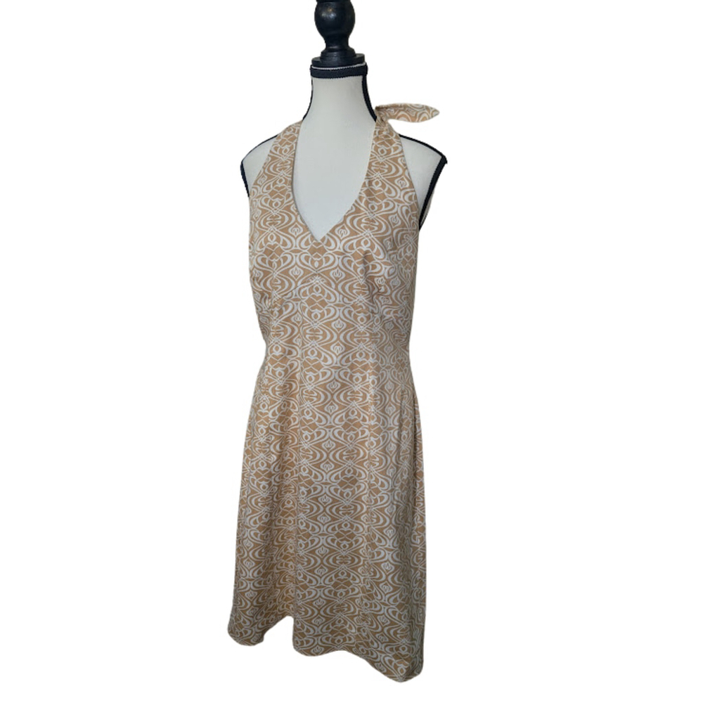 Neutral Geometric Print V-Neck Halter Dress Size 10 Quiet Luxury Cotton Midi